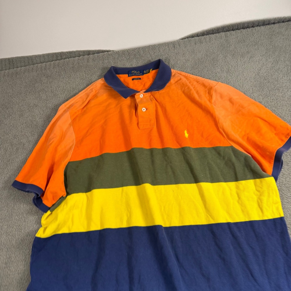 Polo Ralph Lauren Mens XXL Classic Fit Colorblock Stripe Polo Shirt Orange Blue